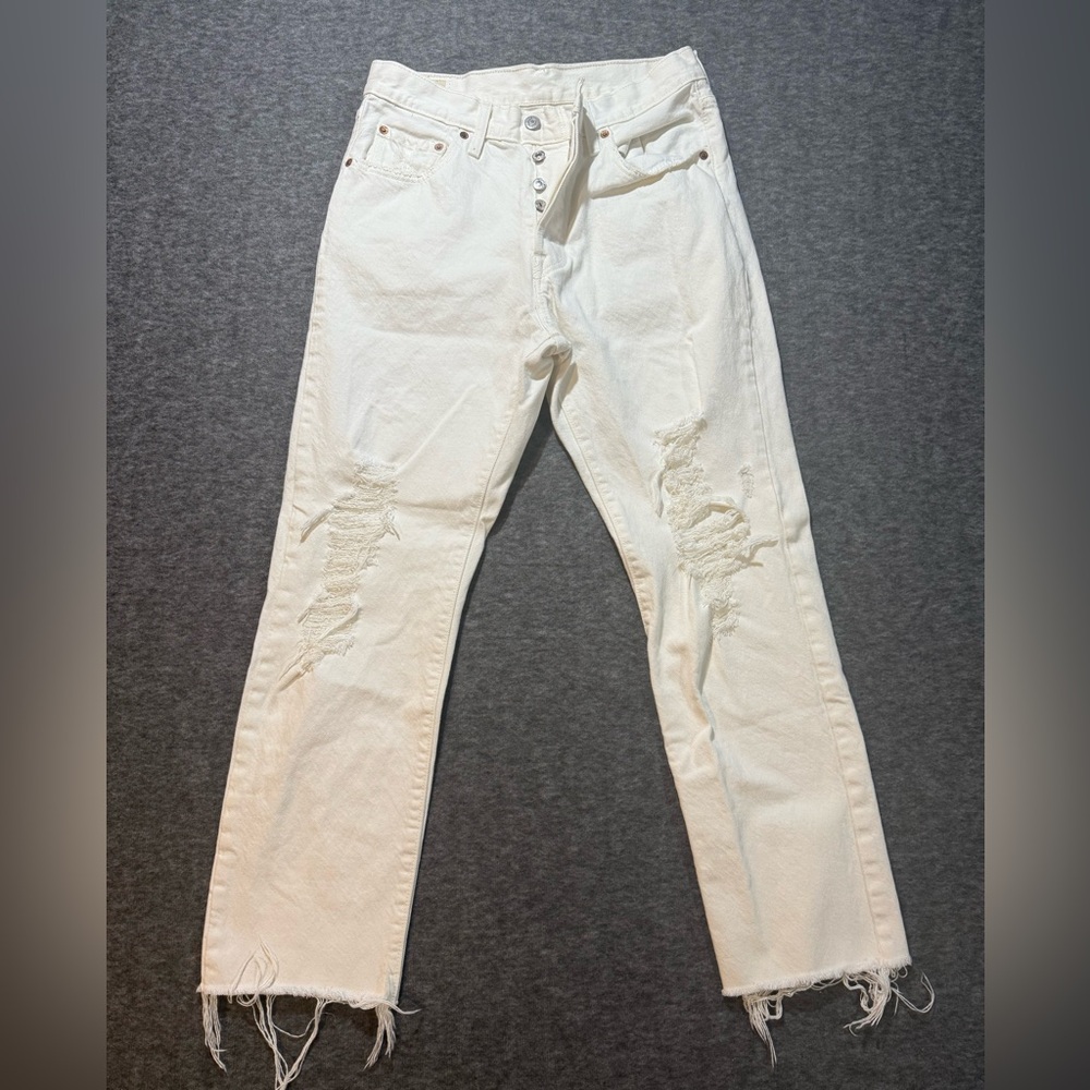 Levis 501 white jeans womens 29x28 High Rise ripped distressed button fly cotton